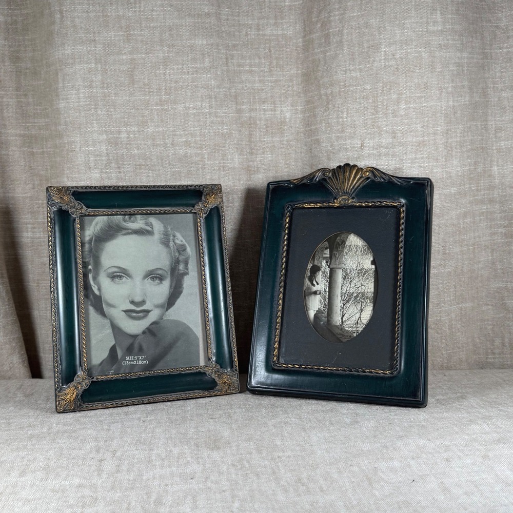 Picture Frame Set Good Vintage Forest Green Gold Ornate Shell 5x7 Tabletop